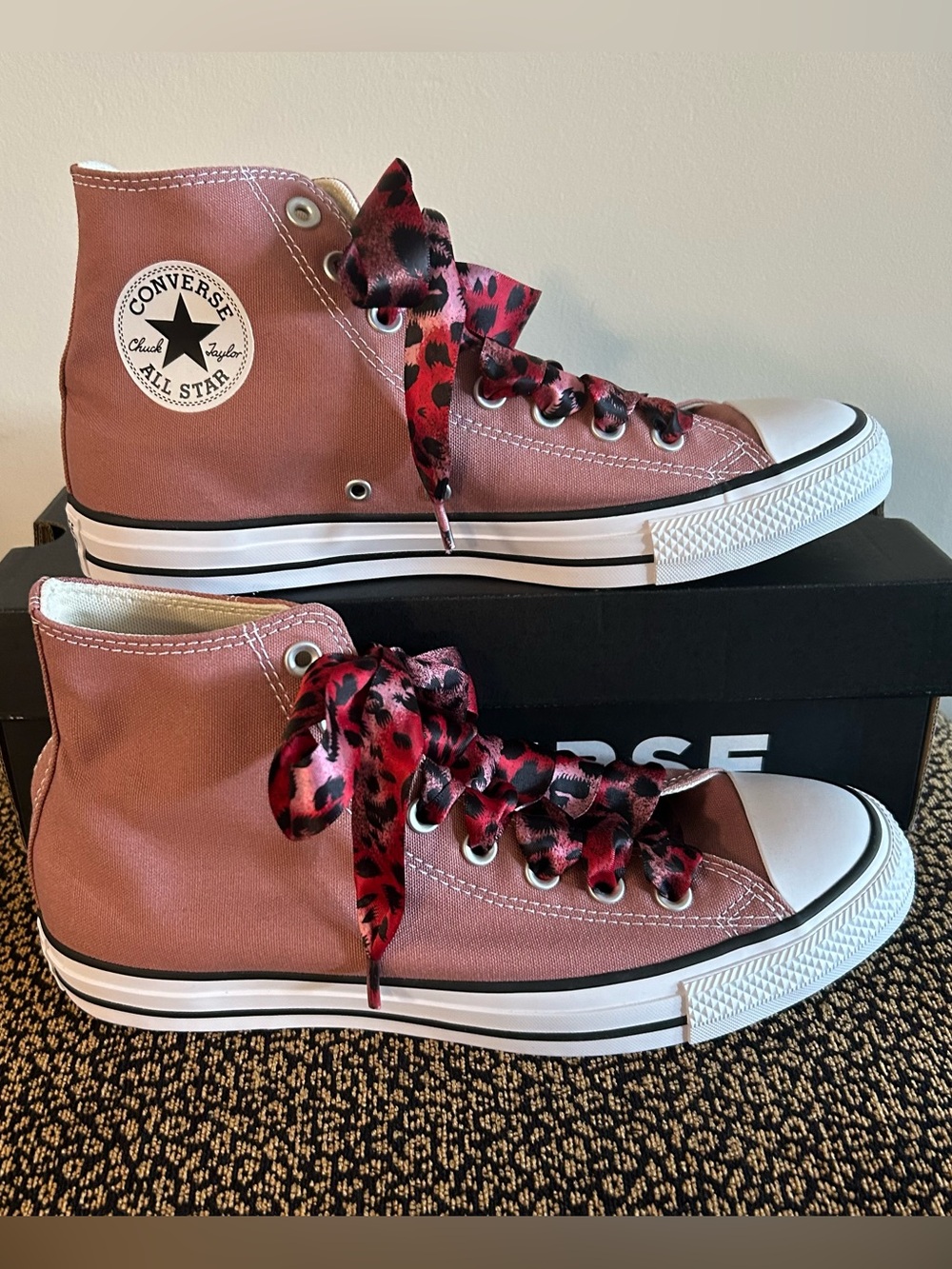 NEW AS Converse Hi Top Sneakers in Light Saddle w Bonus Red Leopard Ribbon Laces